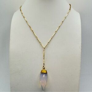 Gold Tone Y Necklace Opalite Crystal Pendant Minimalist Drop Necklace